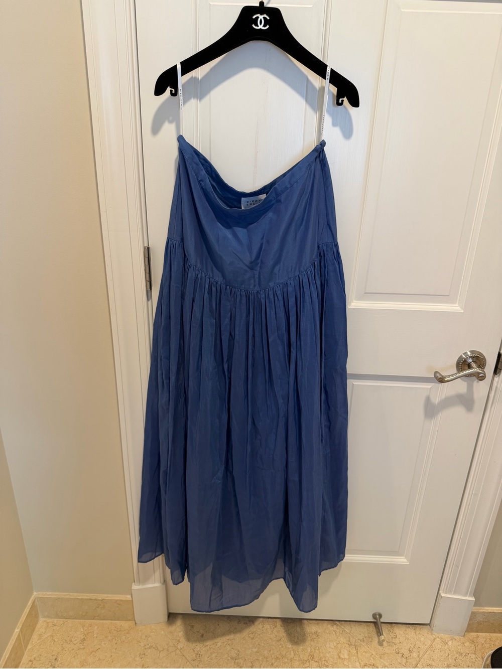 Bird & Knoll Silk Cotton Blue Maxi Skirt Gathered Waist Luxury Skirt size L